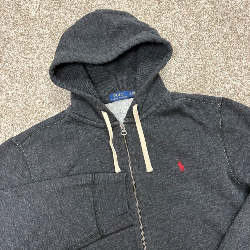 Polo Ralph Lauren Hoodie Men XL Charcoal Grey Full Zip Heathered Red Pony Logo